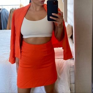 Orange Blazer Skirt Suit Set Two Piece Set